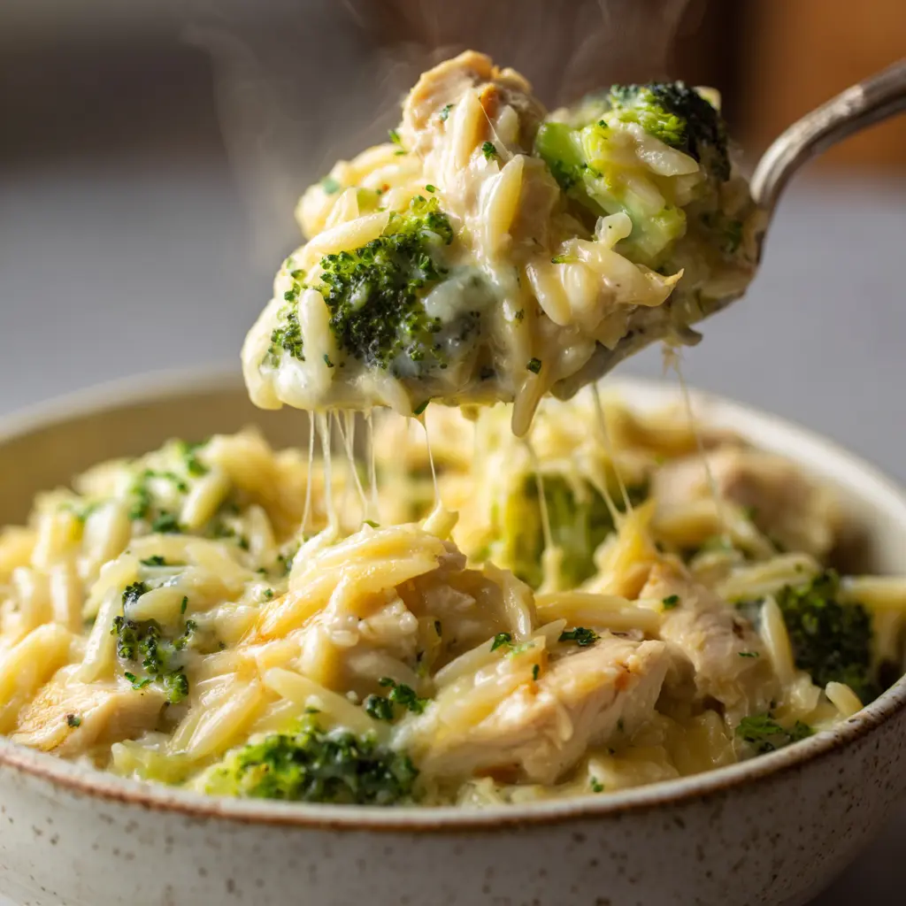 Close-up of a creamy Cheesy Chicken-Broccoli Orzo with melted cheese stretching from a spoon, showing tender chicken pieces and broccoli florets.