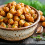 Bowl of crispy ranch roasted chickpeas seasoned with herbs, shown on parchment with chives and dill.