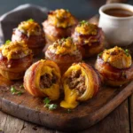 Bacon cheddar onion bombs with golden roasted onions stuffed with beef and melted cheese.