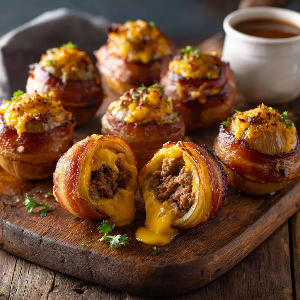 Bacon cheddar onion bombs with golden roasted onions stuffed with beef and melted cheese.
