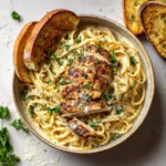 Creamy garlic parmesan chicken pasta with golden seared chicken and velvety parmesan sauce.