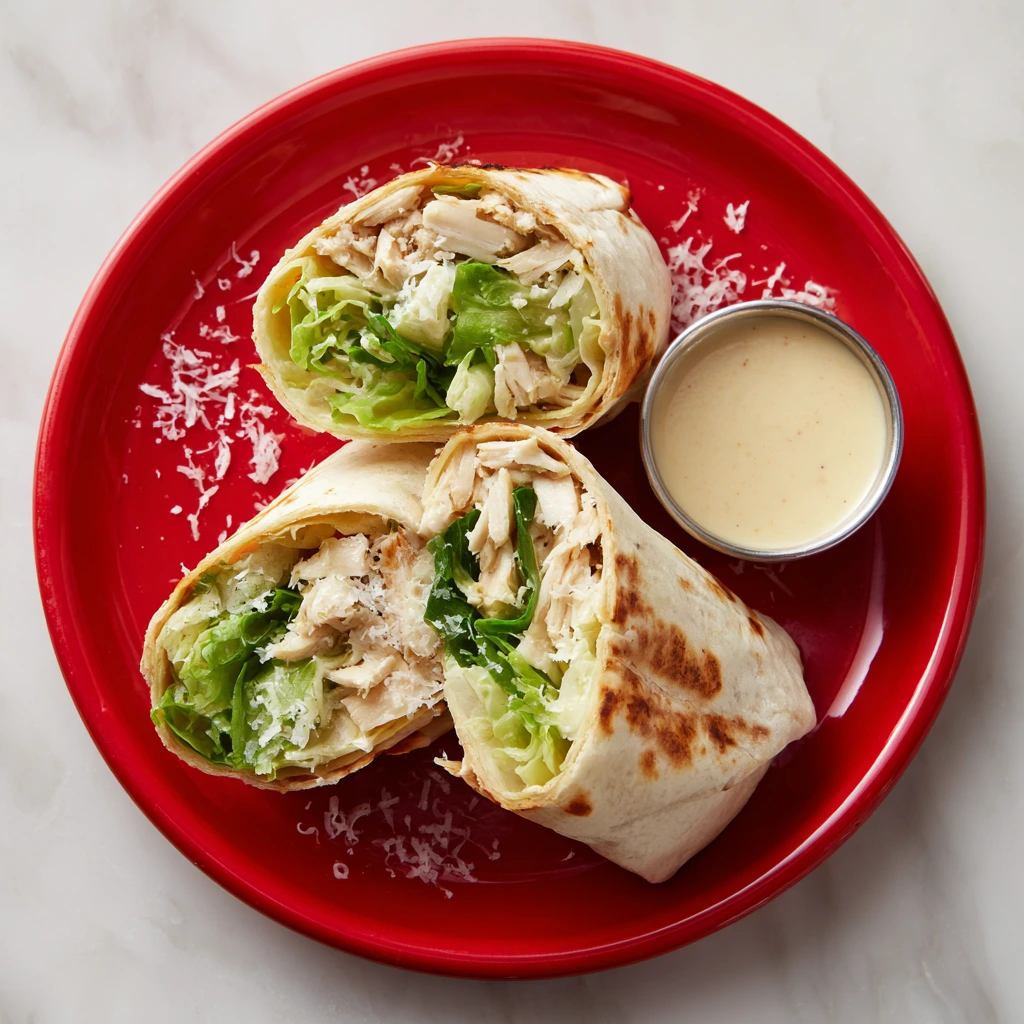 Mini chicken Caesar wrap halves on a red plate with Caesar dipping sauce.
