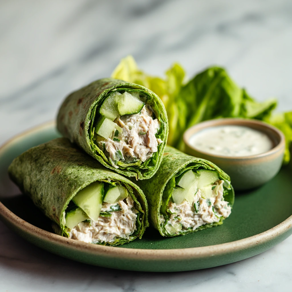 Tuna salad spinach wraps cut into halves on a green plate with ranch dip