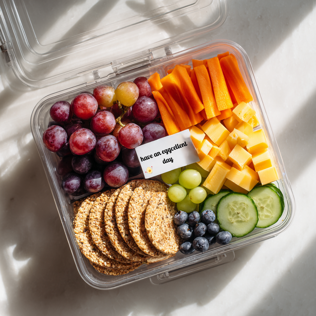 Top-down view of a colorful lunchbox with red grapes, orange carrot sticks, yellow cheese cubes, green cucumber slices, blueberries, whole grain crackers, and a small handwritten note.