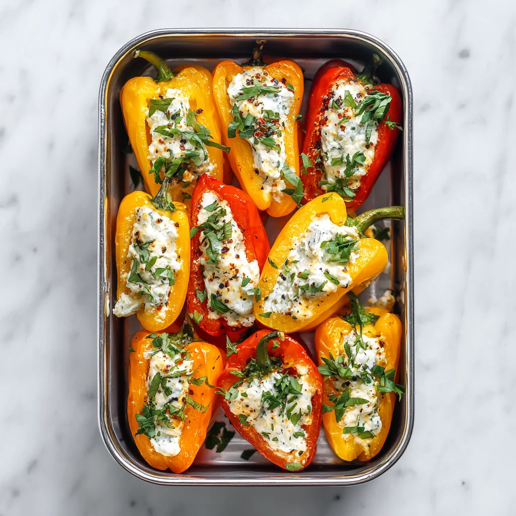 Mini red and yellow peppers stuffed with herbed cream cheese and topped with fresh parsley.