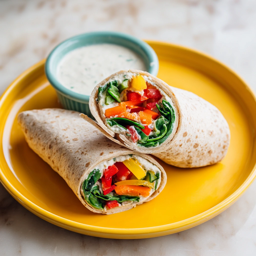 Kid-sized veggie hummus wrap with colorful peppers, carrots, and spinach on a yellow plate with dipping sauce.