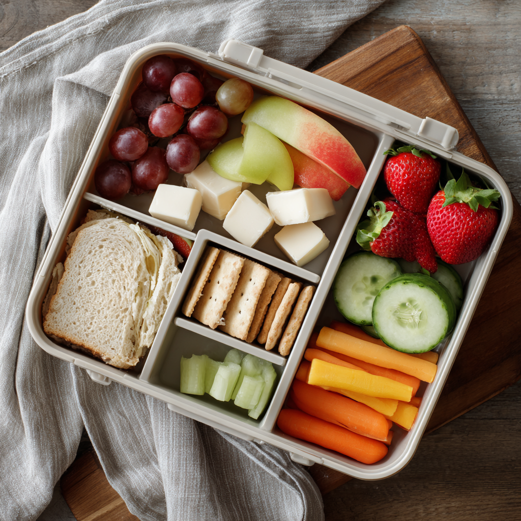 Top-down view of a bento-style lunchbox with sliced fruit, a small sandwich, cheese cubes, crackers, cucumber, and carrot sticks on a wooden counter.