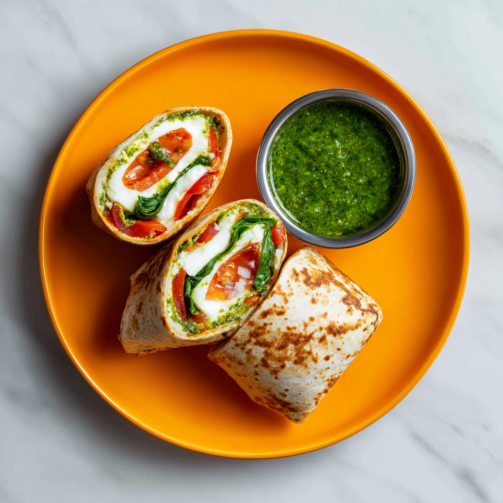 Caprese pesto wrap halves with mozzarella, tomato, and basil on an orange plate with marinara dip.