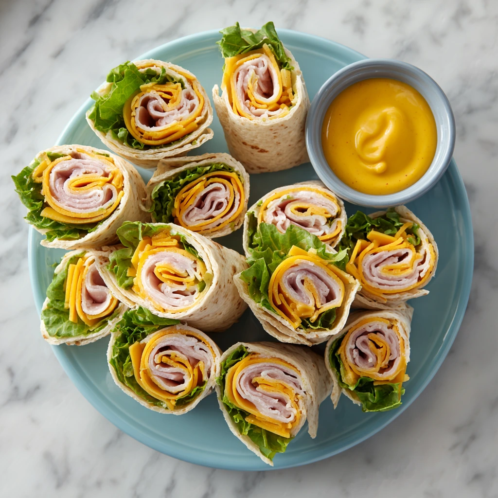 Small turkey and cheese wrap pinwheels on a blue plate with honey mustard dip.