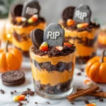 Halloween pumpkin pudding cups with Oreo cookie “dirt” and cookie tombstone decorations on a white marble table